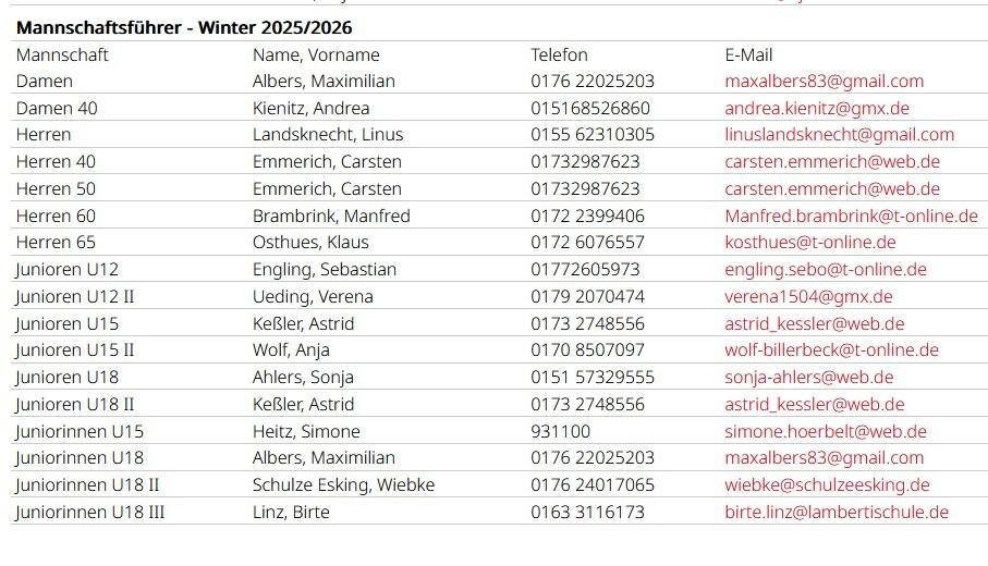 Tabelle mit Kontaktdaten der Mannschaftsf&uuml;hrer f&uuml;r den Winter 2025/2026, inklusive Namen, Telefon und E-Mail.