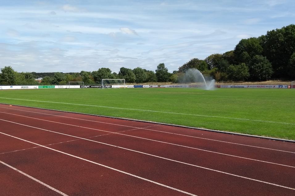 Gr&uuml;nes Fu&szlig;ballfeld mit einem Sprinkler, im Hintergrund eine Laufbahn und B&auml;ume unter einem blauen Himmel.