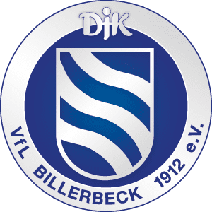 Wappen des VfL Billerbeck 1912 e.V. mit blauen Wellen und einem wei&szlig;en Schild in einem runden, silbernen Rahmen.