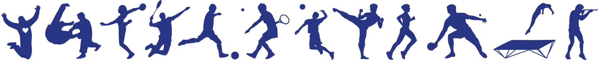 Silhouetten von Personen in verschiedenen Sportbewegungen, darunter Fu&szlig;ball, Tennis und Leichtathletik, auf schwarzem Hintergrund.