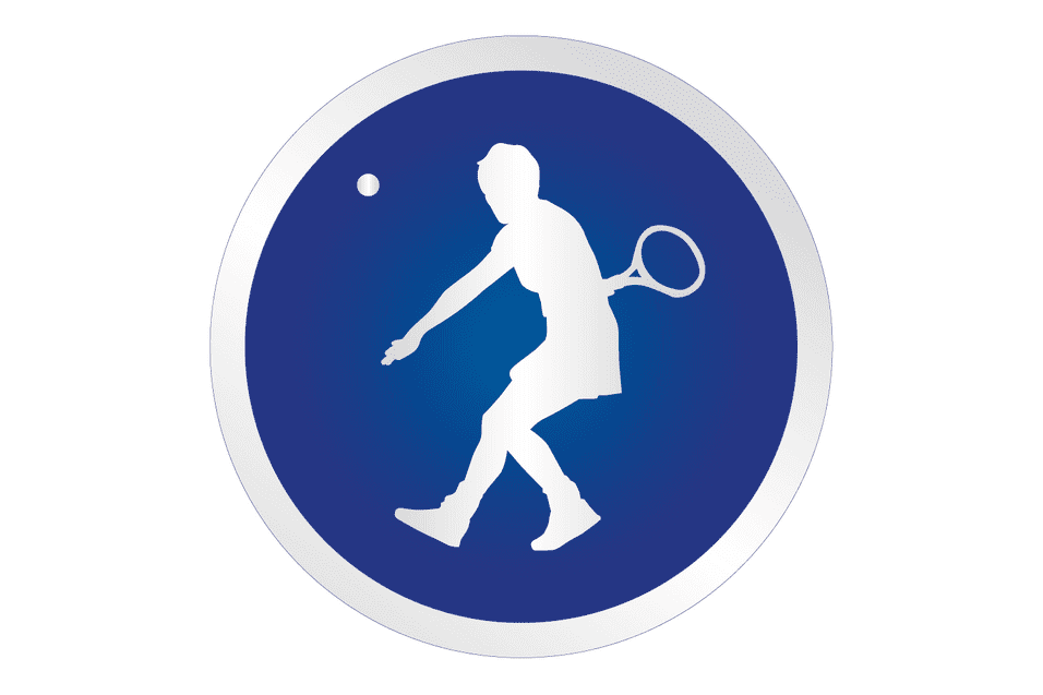 Silhouette eines Tennisspielers mit Schl&auml;ger, der einen Ball auf blauem Hintergrund schl&auml;gt.