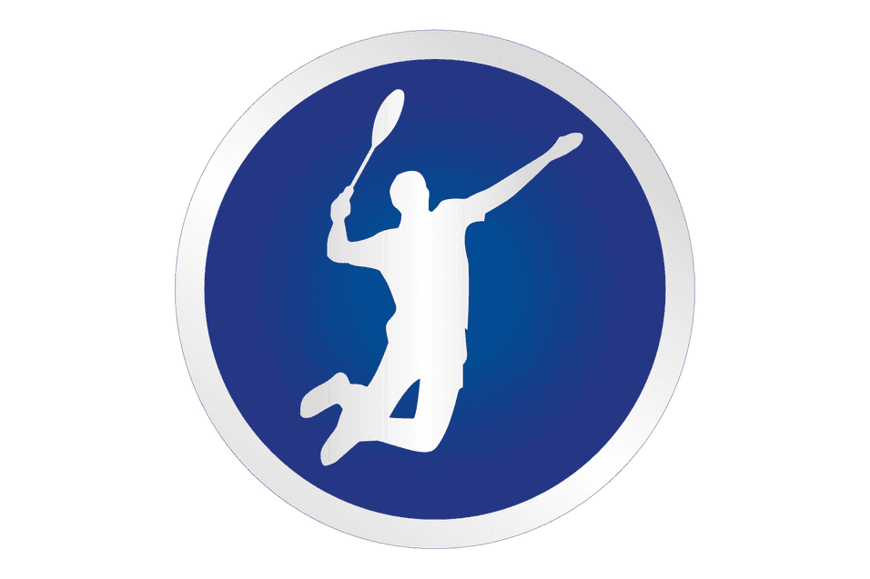 Silhouette eines springenden Spielers mit Schl&auml;ger auf blauem Hintergrund in kreisf&ouml;rmigem Design.