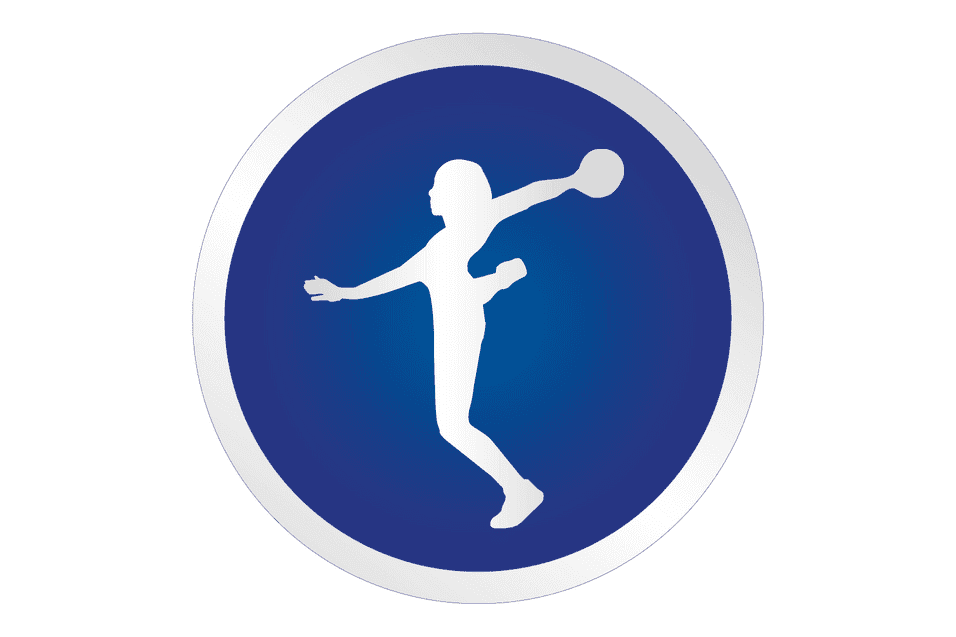 Symbol einer Sportlerin, die mit einer Kugel in der Hand zum Wurf ansetzt, vor blauem Hintergrund.