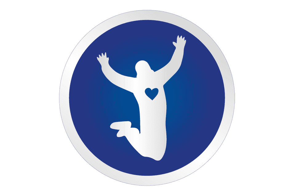 Silhouette einer springenden Person mit Herzsymbol auf blue Hintergrund in kreisf&ouml;rmigem Design.