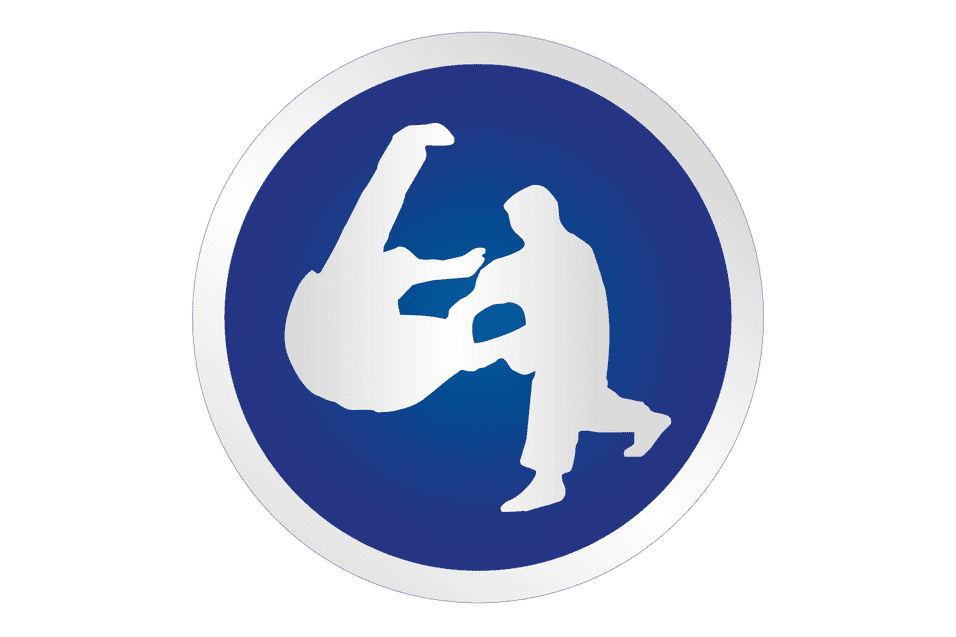 Symbol eines Kampfsports, zeigt einen K&auml;mpfer, der einen anderen zu Boden wirft, auf blauem Hintergrund.