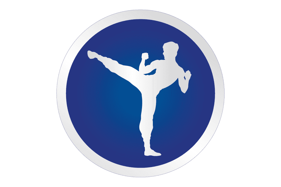 Silhouette eines Kickboxers in blauer, runder Abbildung mit einem Bein hoch in der Luft.