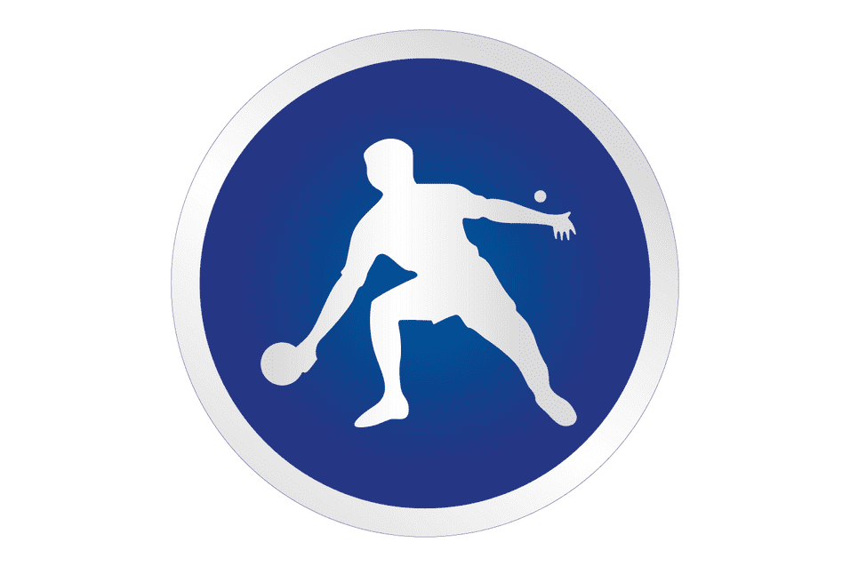 Symbol eines Tischtennisspielers, der einen Ball mit einem Schl&auml;ger spielt, auf blauem Hintergrund.