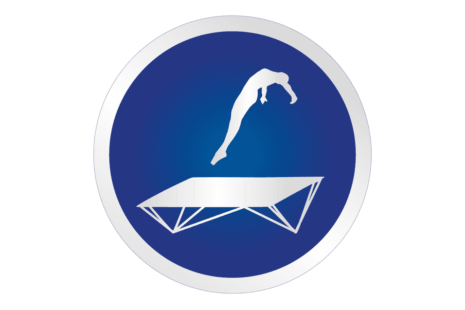 Symbol eines Springers, der von einem Schwebebalken springt, auf blauem Hintergrund mit silberner Umrandung.