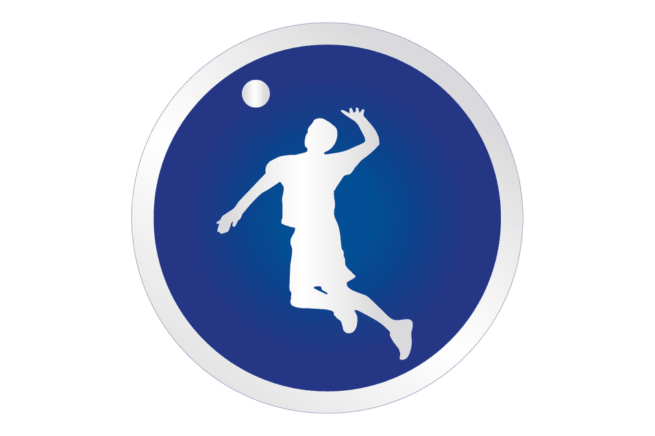 Silhouette eines springenden Sportlers auf blauem Hintergrund mit einem Ball &uuml;ber ihm.