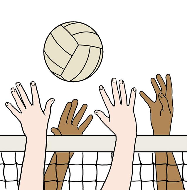 Hände verschiedener Hautfarben strecken sich nach einem Volleyball über ein Netz.