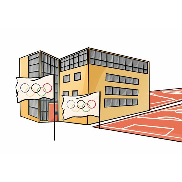 Illustration eines modernen Gebäudes mit Olympiadflaggen und einem Sportfeld im Vordergrund.