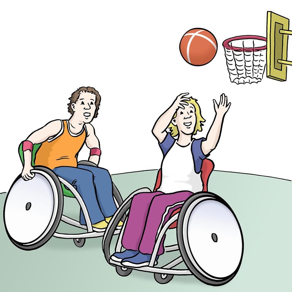 Zwei Kinder im Rollstuhl spielen Basketball; eines wirft einen Ball Richtung Korb.