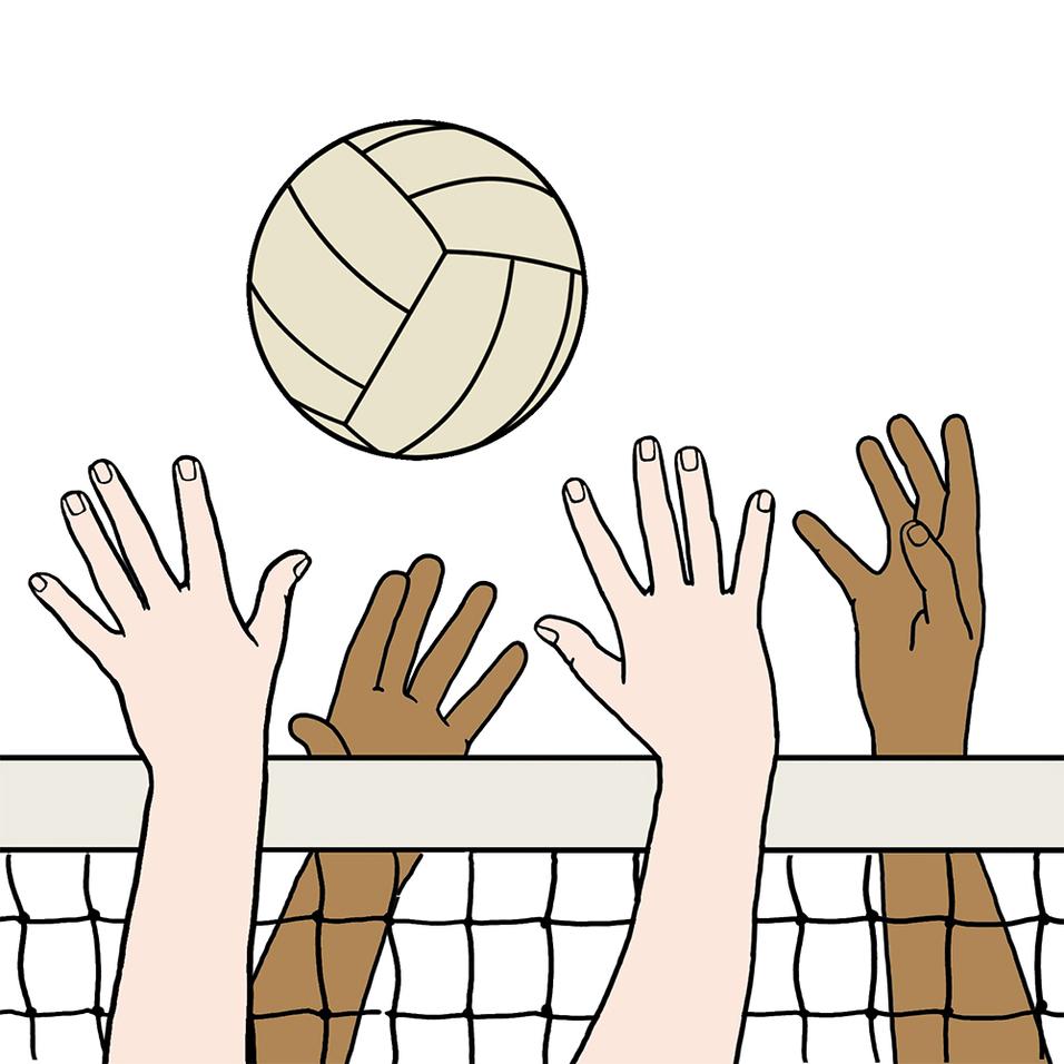 Hände verschiedener Hautfarben strecken sich nach einem Volleyball über ein Netz.