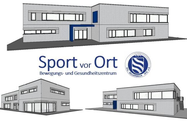 Moderne Geb&auml;udeansicht des Bewegungs- und Gesundheitszentrums &bdquo;Sport vor Ort&ldquo; mit Logo und Schriftzug.