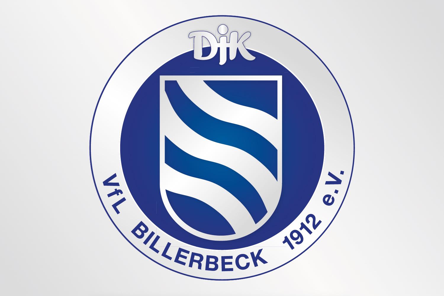 Logo des VfL Billerbeck mit blauen Wellenmotiven und der Aufschrift &bdquo;DJK Vfl Billerbeck 1912 e.V.&ldquo; in einem Kreis.