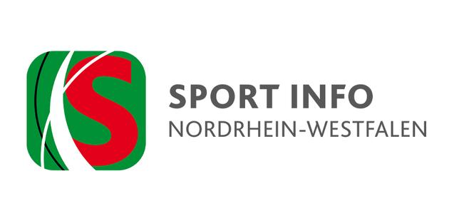 Logo von Sport Info Nordrhein-Westfalen mit stylisierter Schrift und roten sowie grünen Elementen.