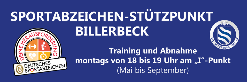 Banner für Sportabzeichen-Stützpunkt Billerbeck mit Informationen zu Training und Abnahmezeiten.
