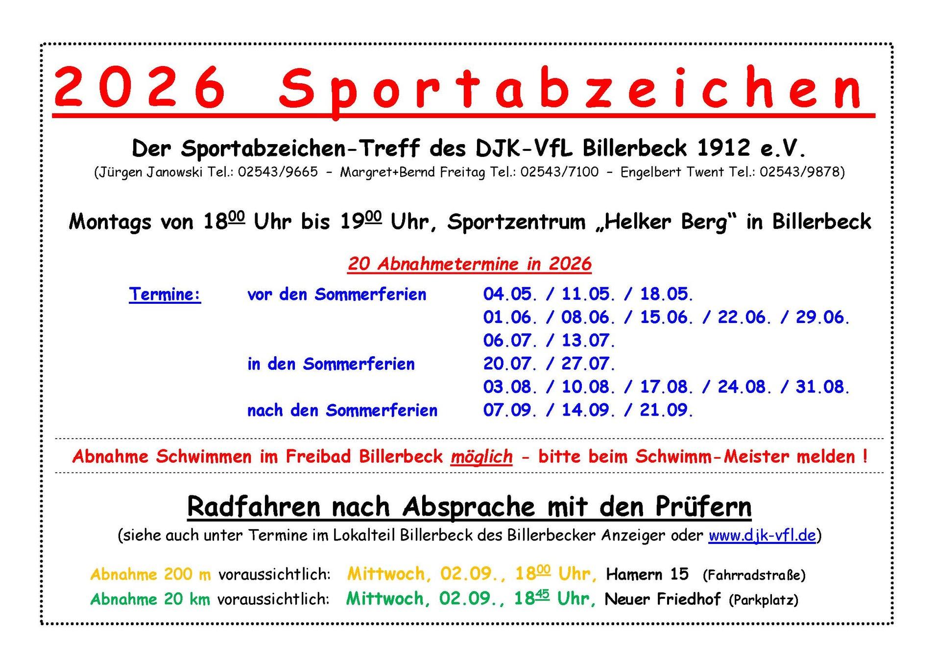 Informationen zum Sportabzeichen 2026 der DJK-VfL Billerbeck: Termine, Schwimmabnahme und Radfahren detailliert aufgeführt.